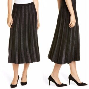 Lewit Skirt Womens Large Black Shimmer Pleated Knit Midi Skirt Elastic Waist